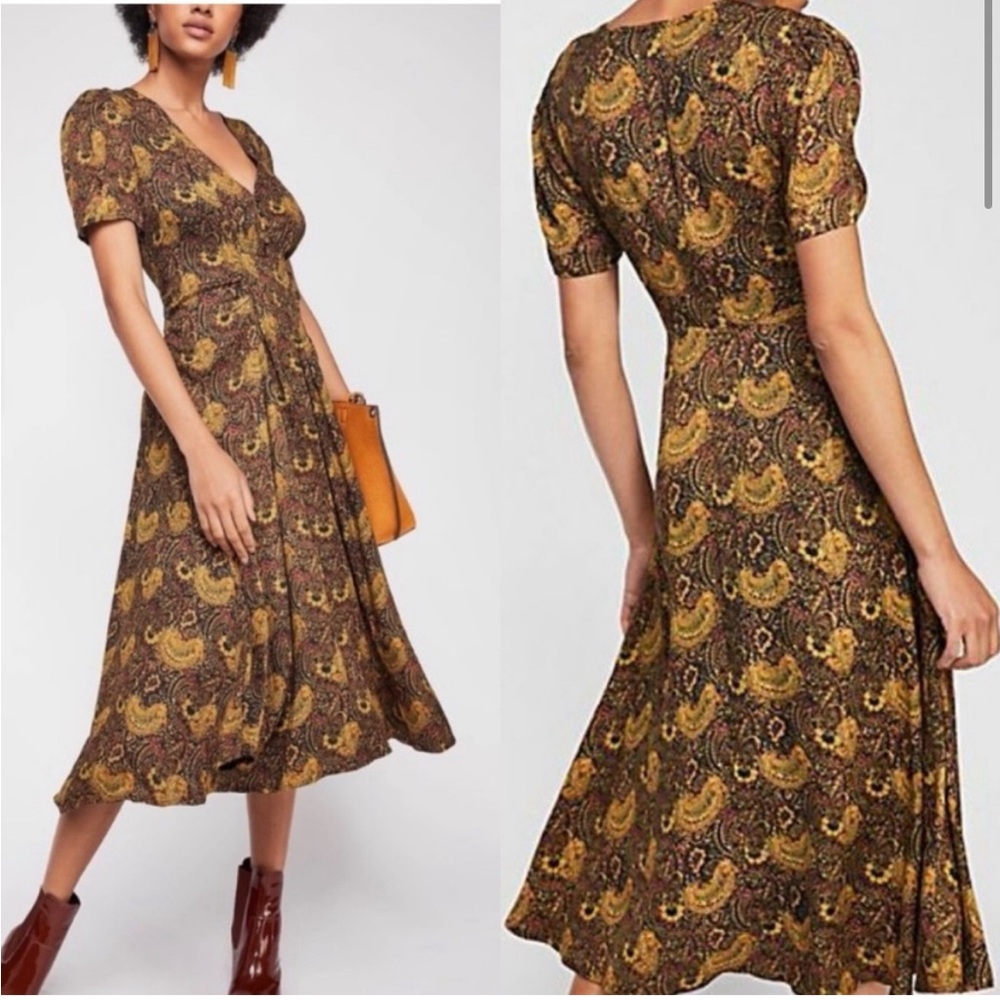 Free People Brown Paisley Midi Dress with Mustard Accents